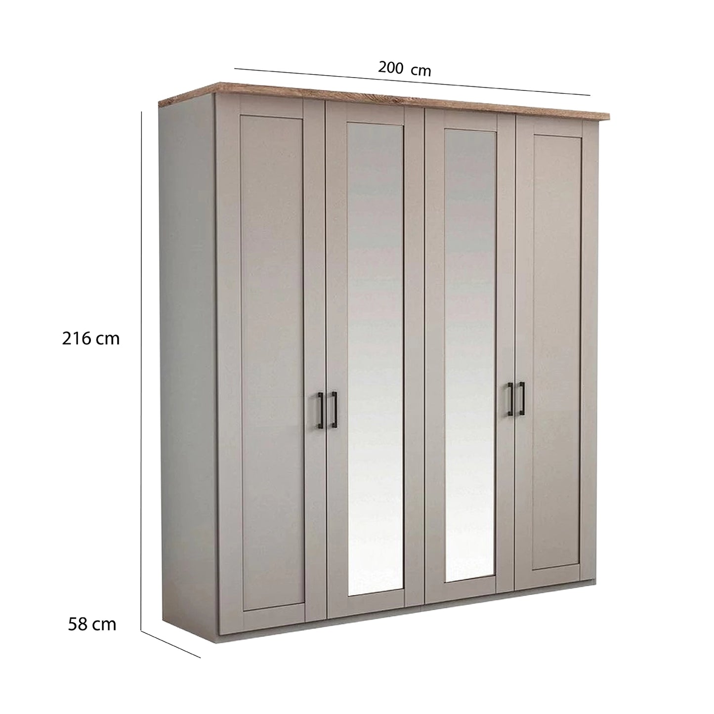 Wiemann Adeline 4 Door Hinged Wardrobe - W200cm With Mirror - Dimensions