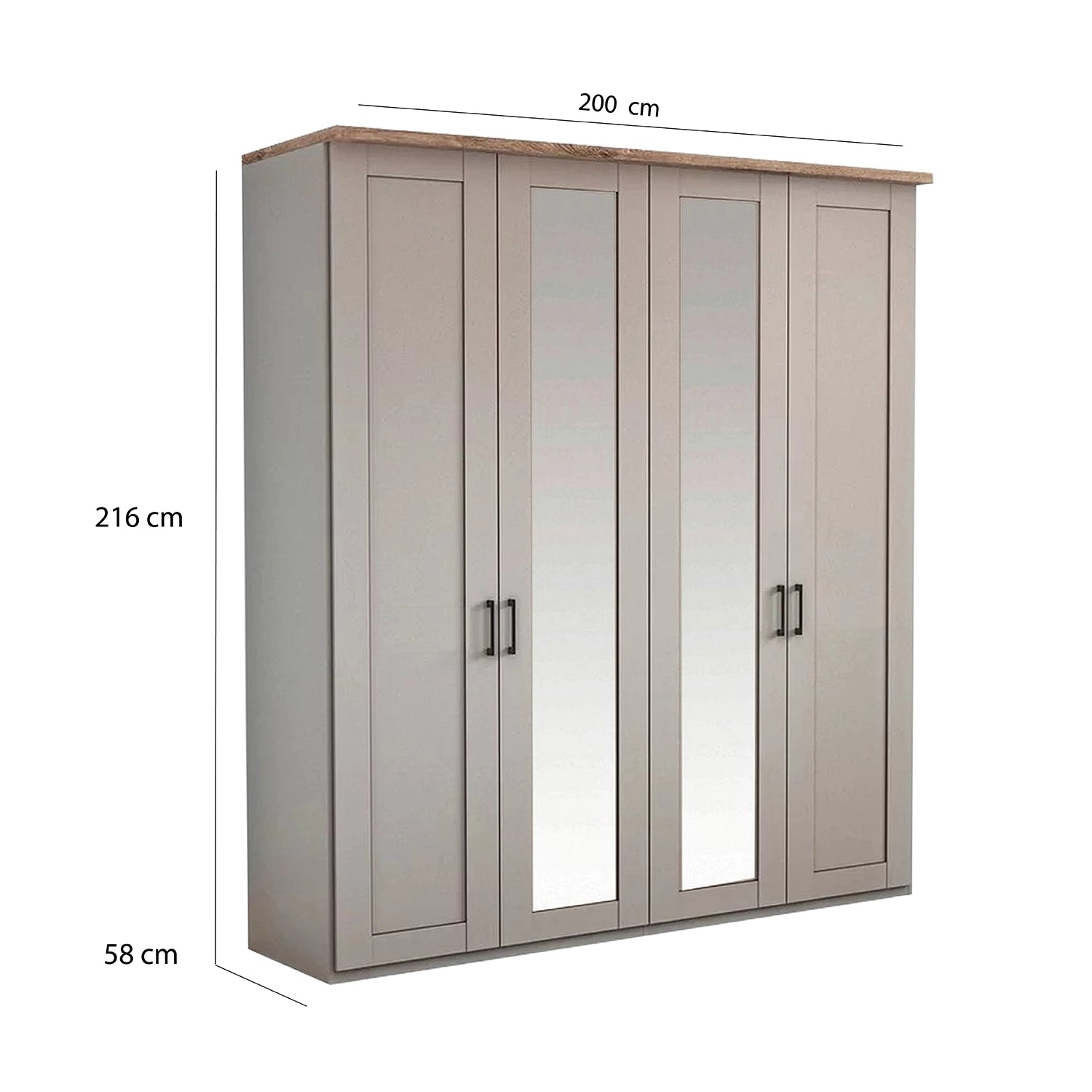 Wiemann Adeline 4 Door Hinged Wardrobe - W200cm With Mirror - Dimensions