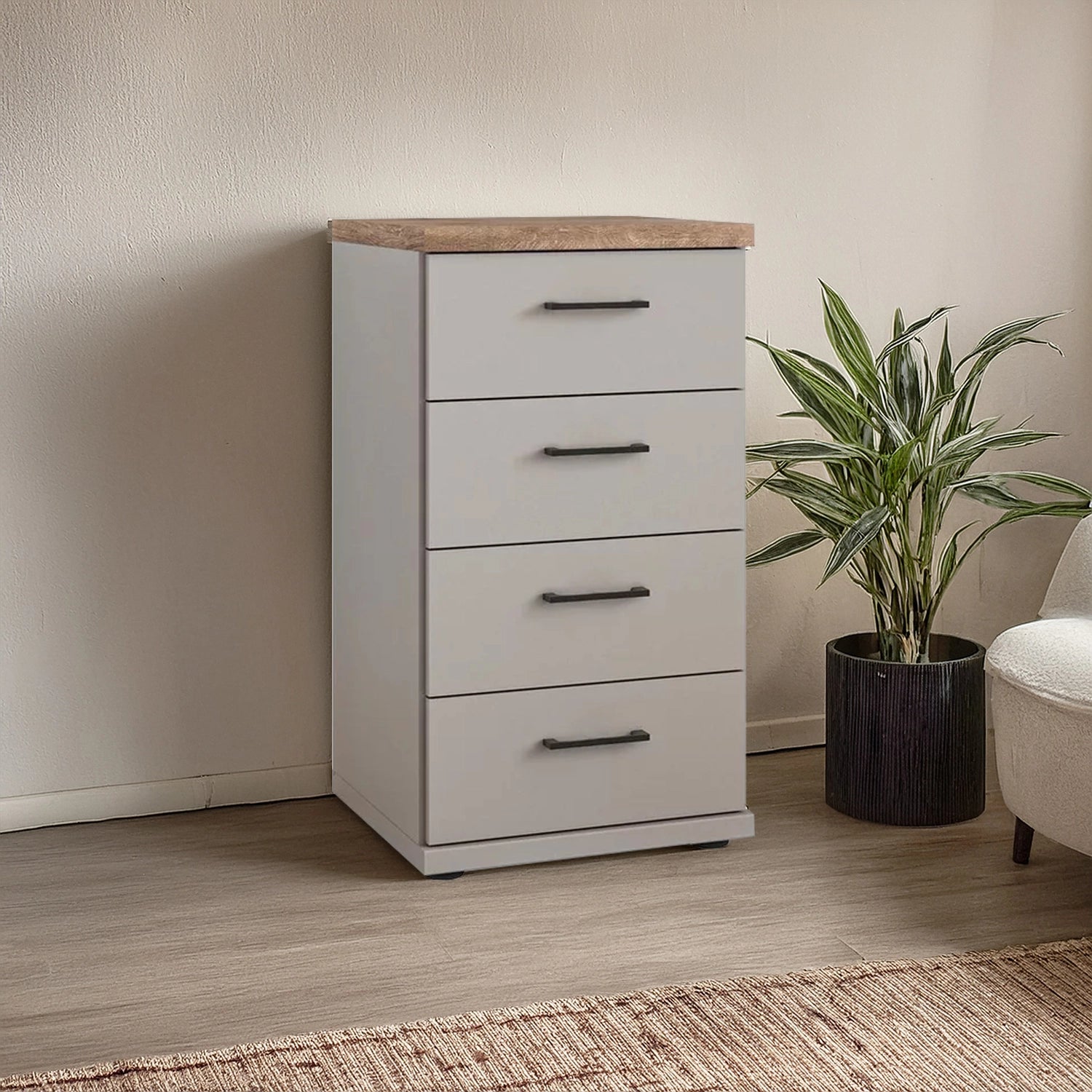Wiemann Adeline 4 Drawer Narrow Chest in Pebble Grey - Styled in Bedroom