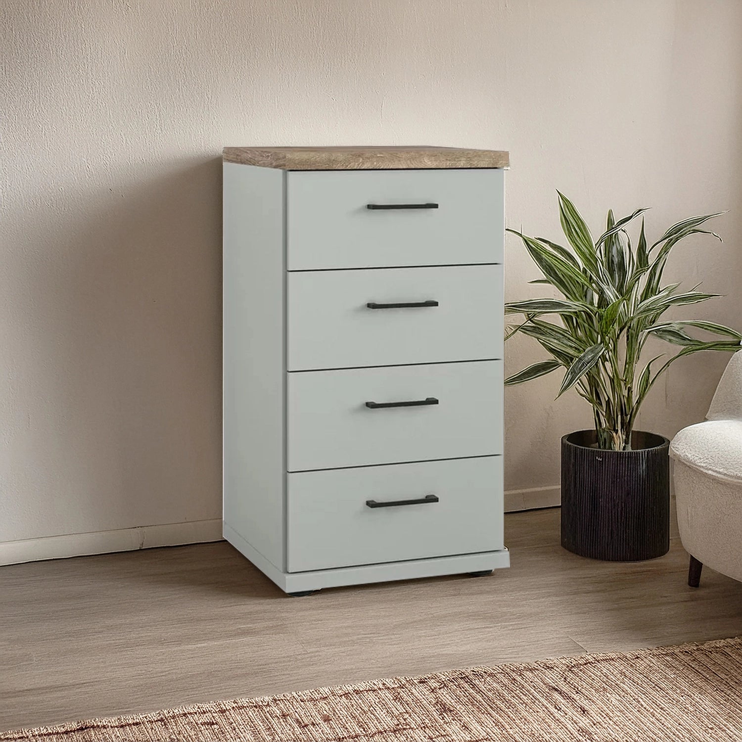 Wiemann Adeline 4 Drawer Narrow Chest in Sage Green - Styled in Bedroom