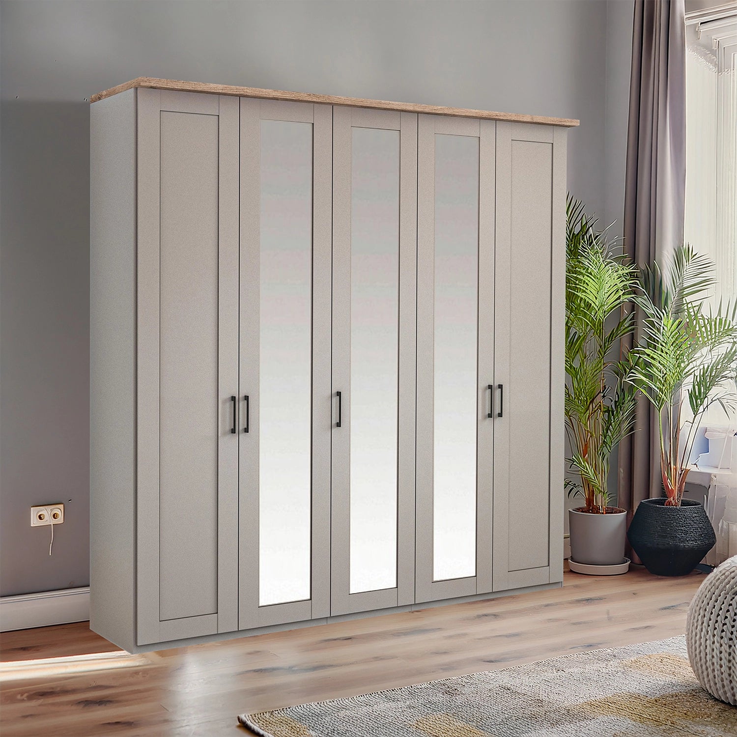 Wiemann Adeline 5 Door Hinged Wardrobe - W250cm With Mirror in Pebble Grey - Styled in Bedroom