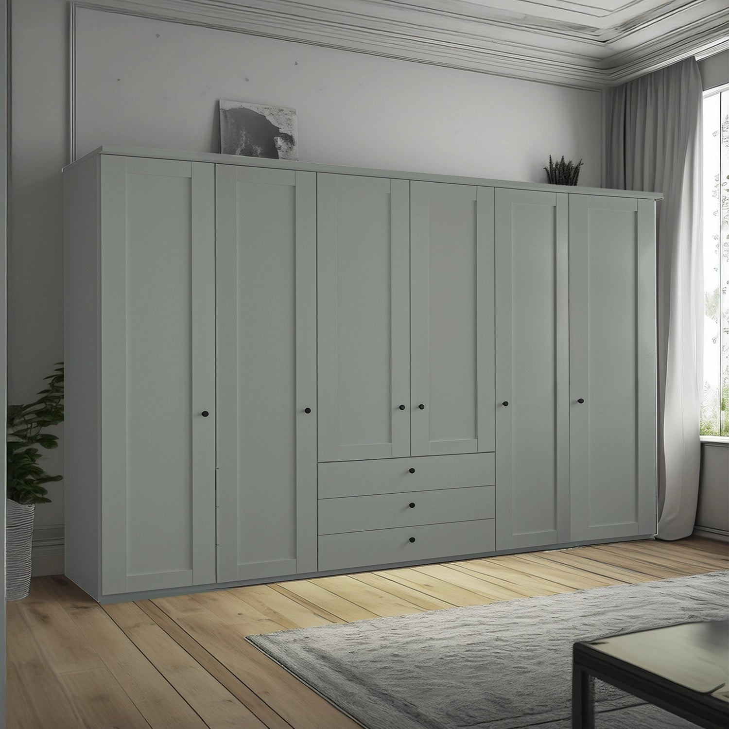 Wiemann Adeline 6 Door 3 Drawer Wardrobe - W300cm Sage Green - Styled in Bedroom