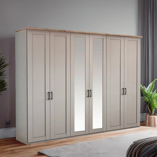 Wiemann Adeline 6 Door Hinged Wardrobe - W300cm With Mirror in Pebble Grey - Styled in Bedroom