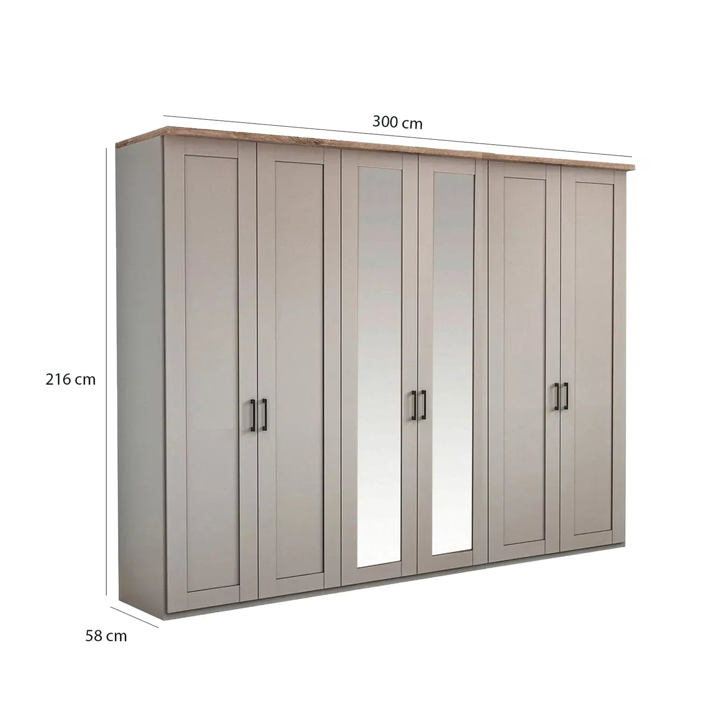 Wiemann Adeline 6 Door Hinged Wardrobe - W300cm With Mirror in Pebble Grey - Dimensions