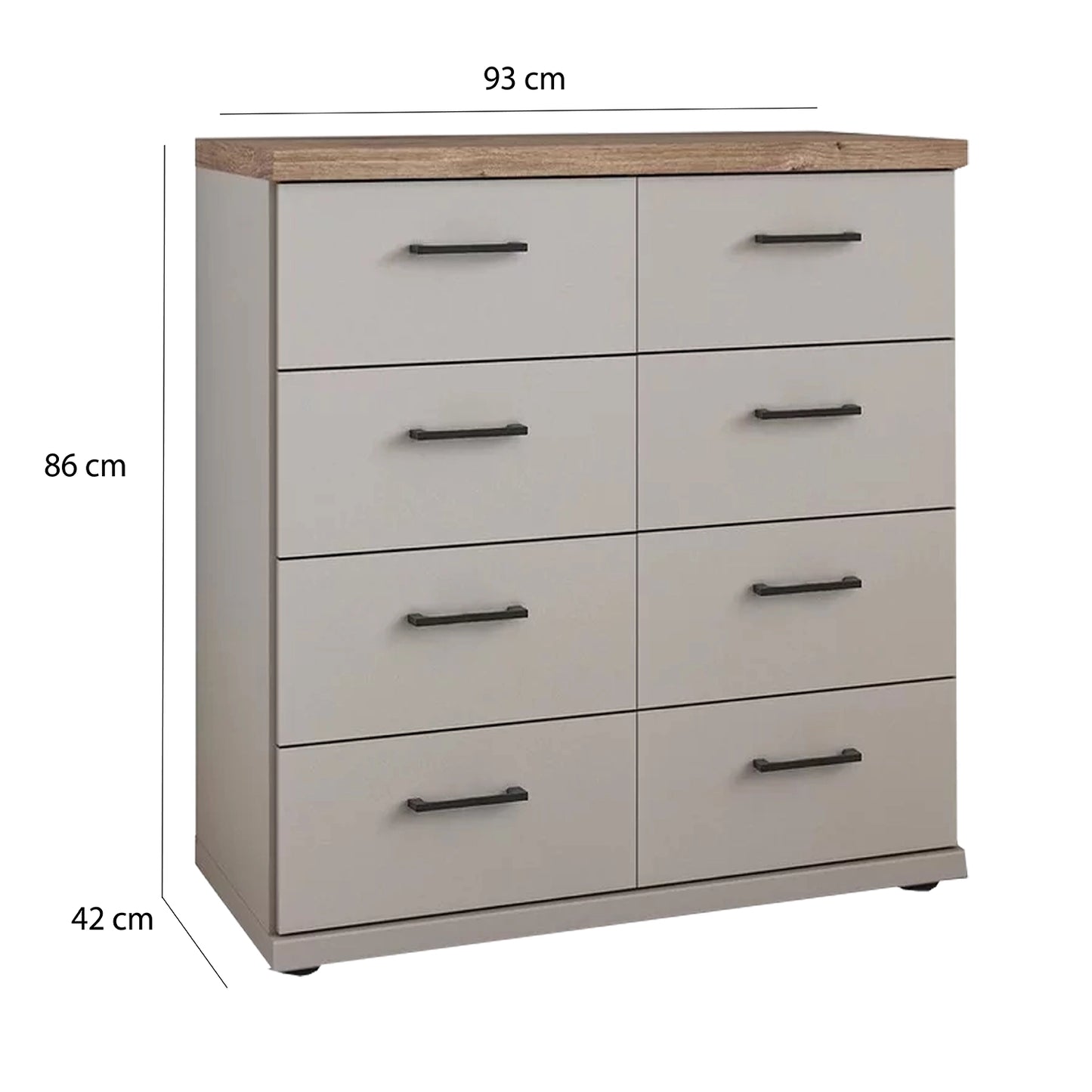Wiemann Adeline 8 Drawer Twin Chest in Pebble Grey - Dimensions