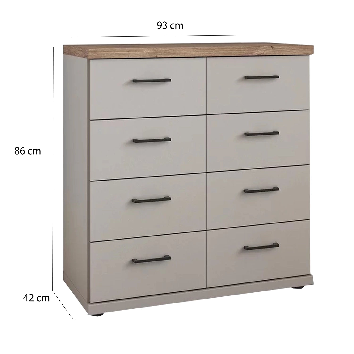 Wiemann Adeline 8 Drawer Twin Chest in Pebble Grey - Dimensions