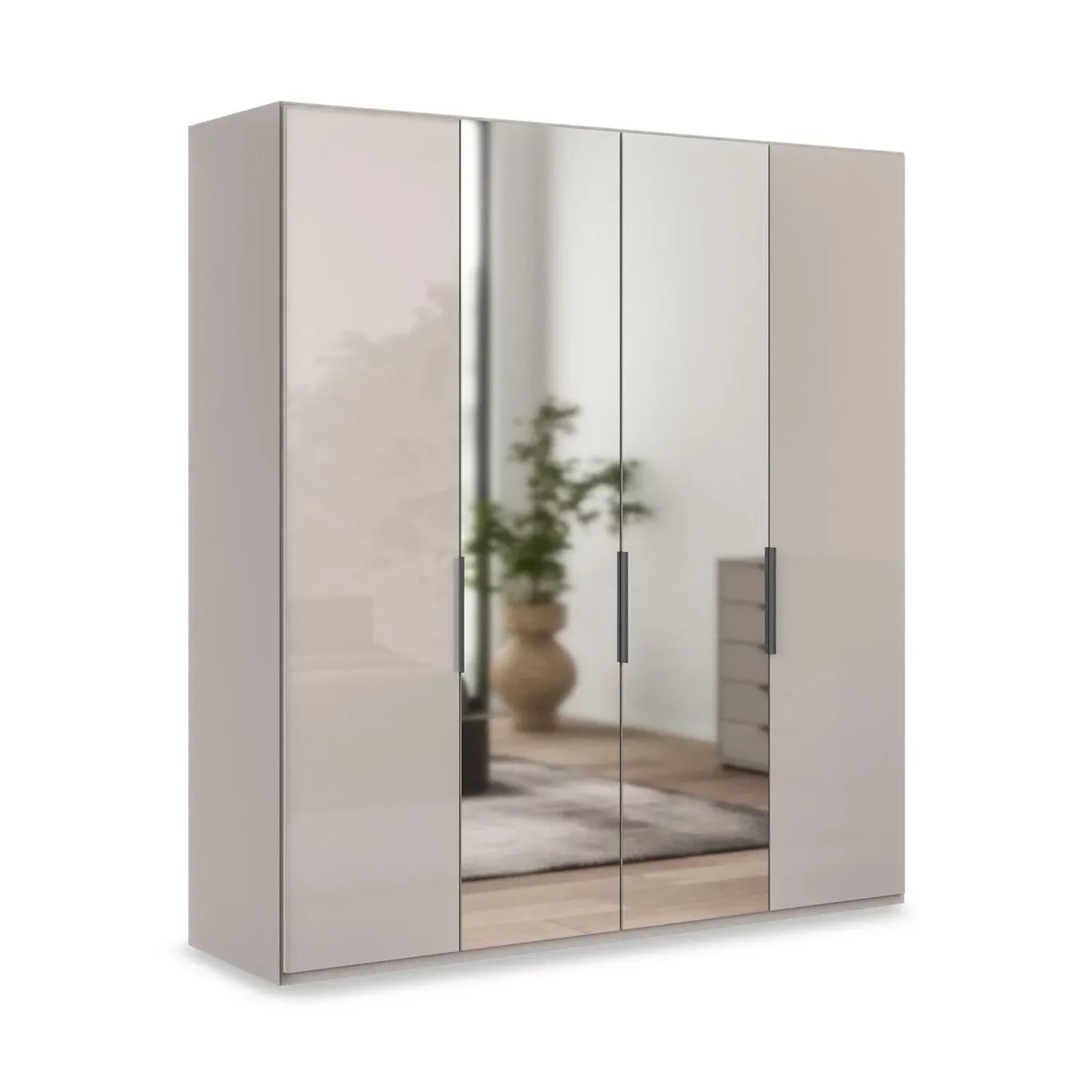 Wiemann Amara style 200cm 4 Door Hinged Wardrobe with 2 Pebble Grey Glass Doors and 2 Mirror Doors