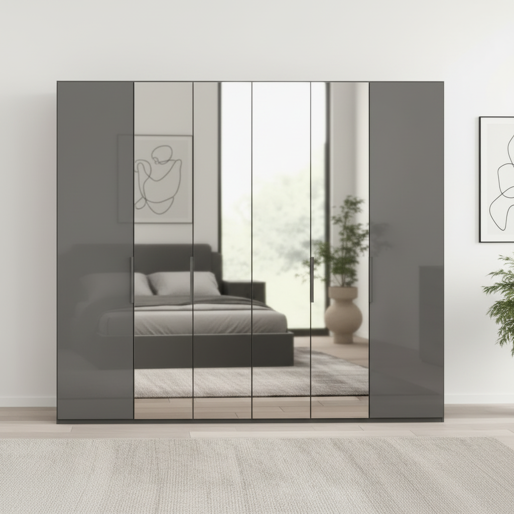 Amelia 250cm 6 Door Bi-Fold Wardrobe with 2 Glass Doors and 4 Mirror Doors