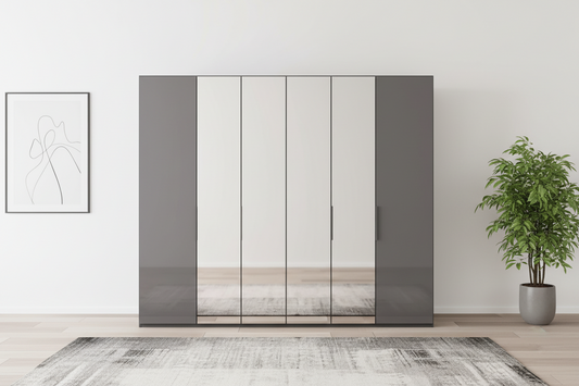 Amelia 250cm 6 Door Hinged Wardrobe with 2 Glass Doors and 4 Mirror Doors