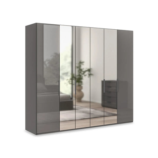 Amelia 250cm 6 Door Bi-Fold Wardrobe with 2 Glass Doors and 4 Mirror Doors