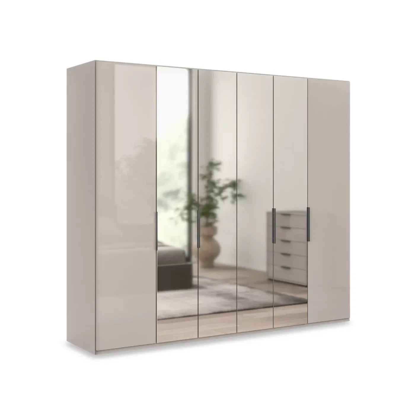 Amelia 250cm 6 Door Bi-Fold Wardrobe with 2 Glass Doors and 4 Mirror Doors