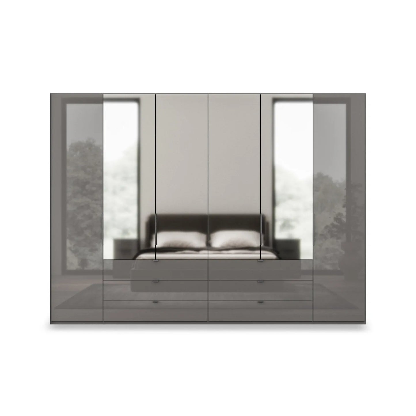 Amelia 300cm 6 Door Combi Wardrobe with 4 Mirror Doors, 2 Glass Doors and 6 Glass Drawers