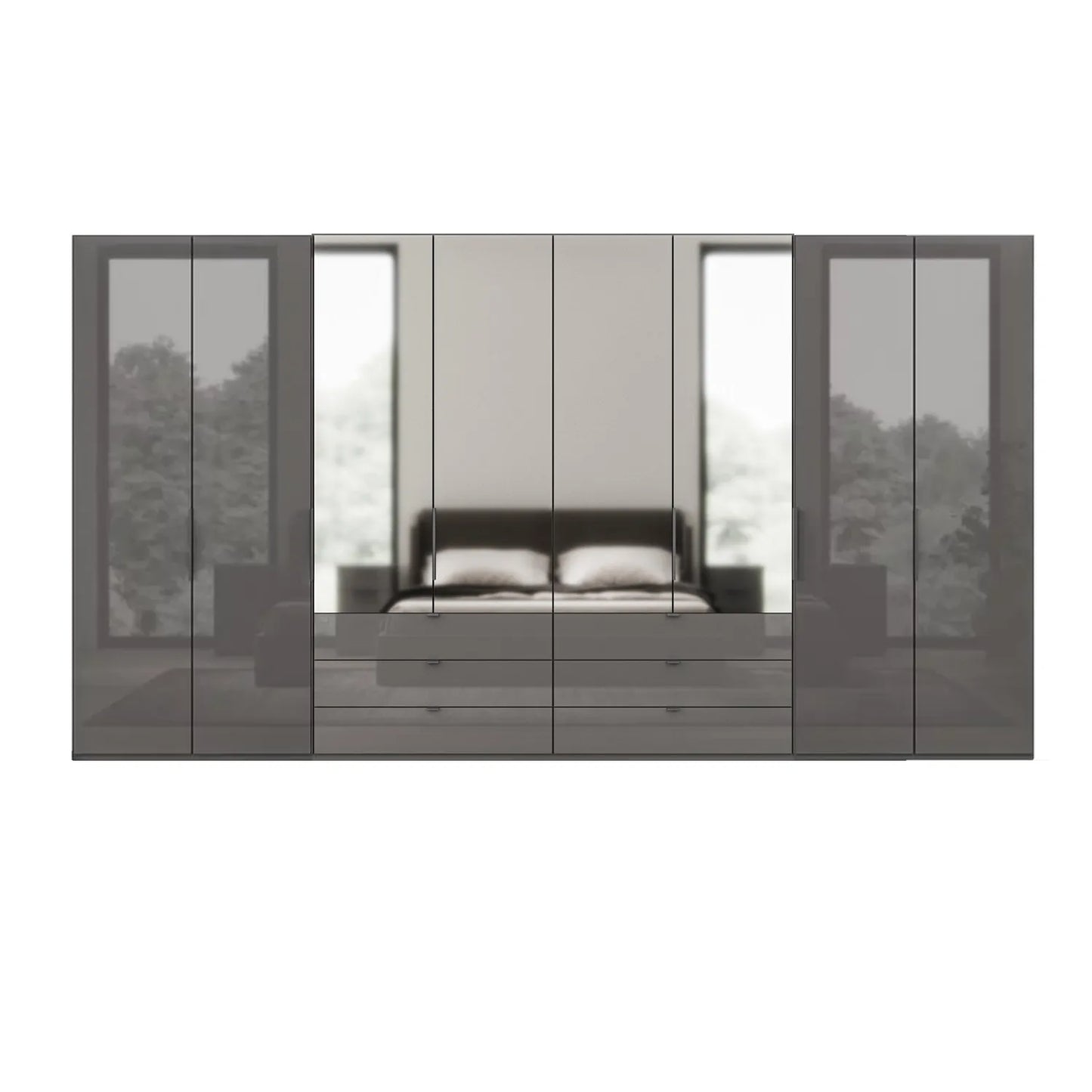 Amelia 300cm 6 Door Combi Wardrobe with 4 Mirror Doors, 2 Glass Doors and 6 Glass Drawers