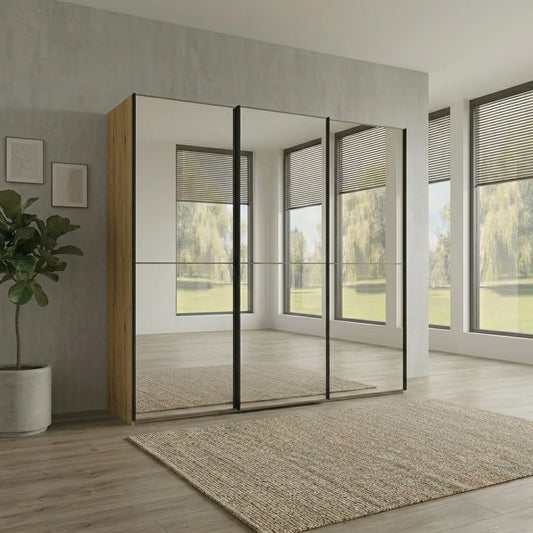 Wiemann Full Mirror Phoenix Apex Bianco Oak Carcase 3 Door Sliding Wardrobe