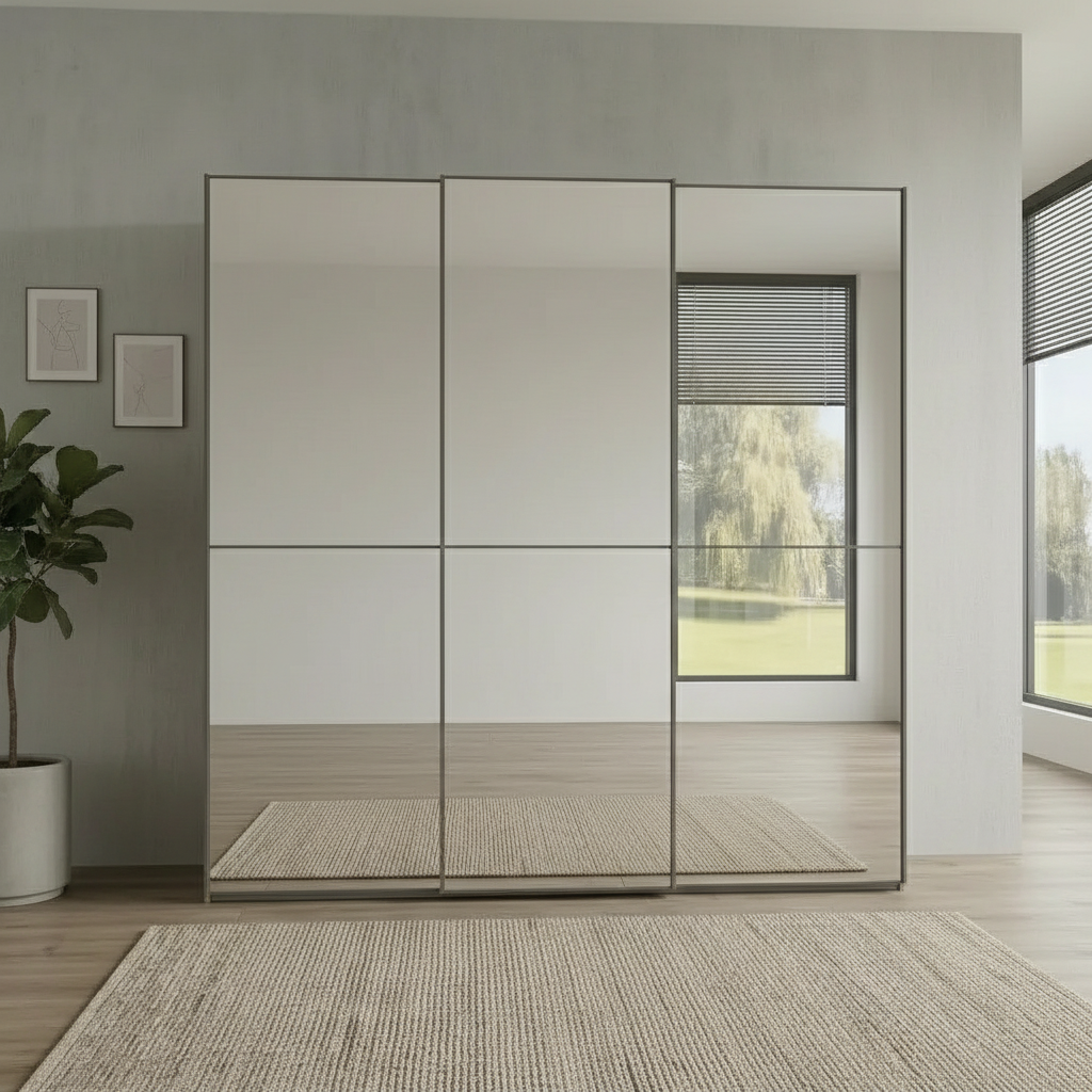 Wiemann Full Mirror Phoenix Apex Nordic Oak Carcase 3 Door Sliding Wardrobe - Front view