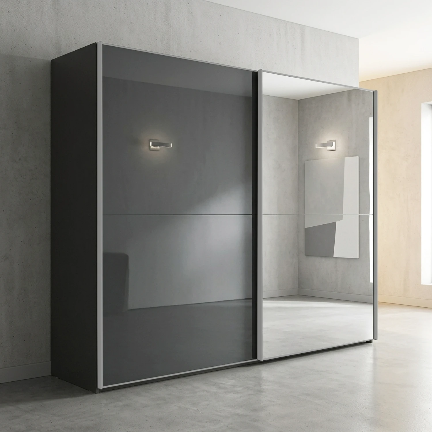 Wiemann Berlin Bristol Basalt Glass Finish Sliding Door Wardrobe with Mirror, Available in 4 Width Sizes 150cm, 200cm, 250cm, and 300cm, Free Delivery and Assembly