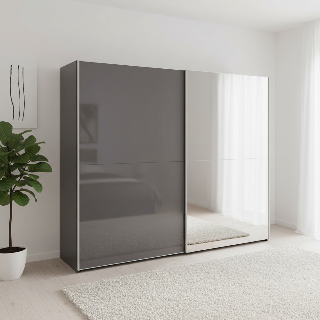 Wiemann Berlin Bristol Graphite Glass Finish Sliding Door Wardrobe with Mirror, Available in 4 Width Sizes 150cm, 200cm, 250cm, and 300cm, Free Delivery and Assembly