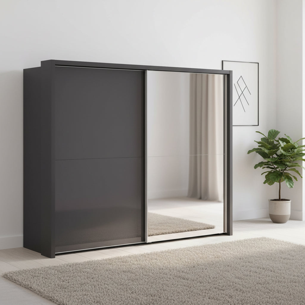 Wiemann Berlin Bristol Graphite Decor Finish Sliding Door Wardrobe with Mirror and Passepartout frame, Available in 4 Width Sizes 150cm, 200cm, 250cm, and 300cm, Free Delivery and Assembly