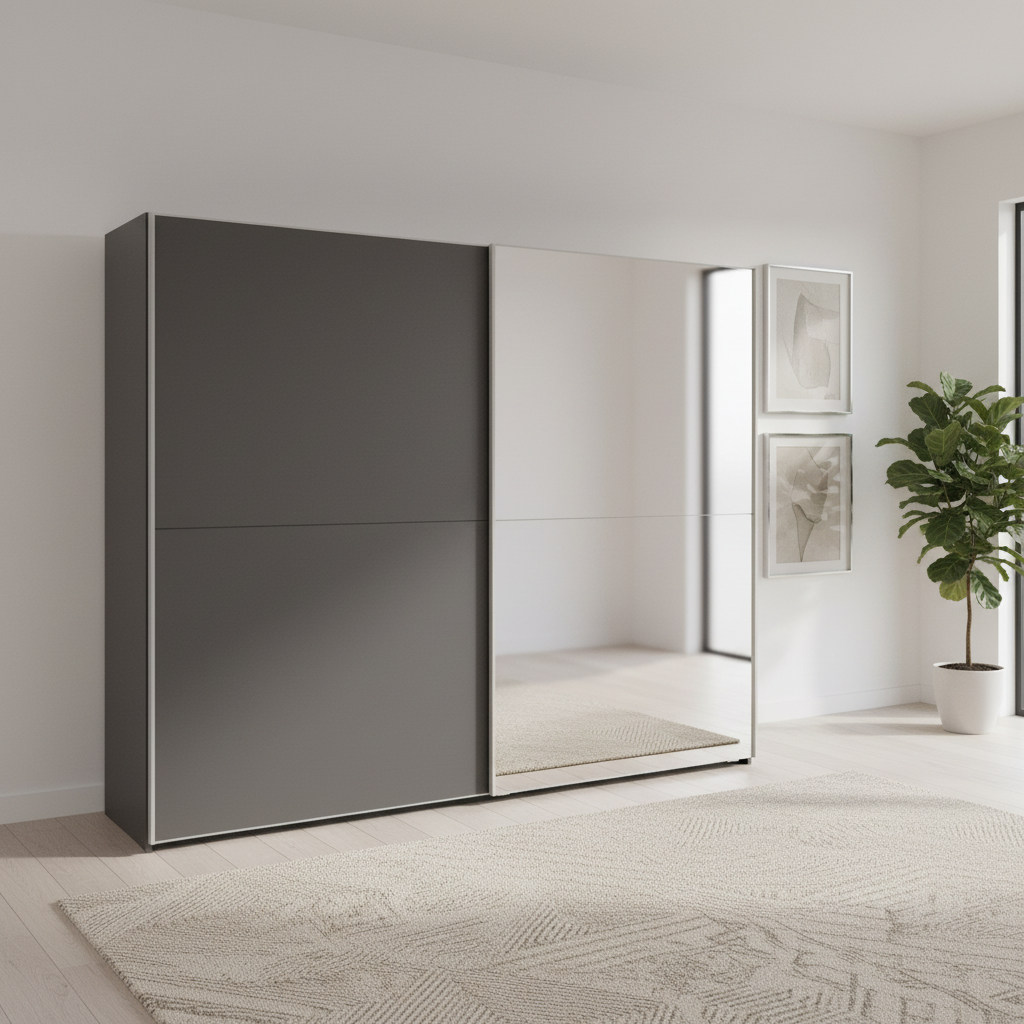 Wiemann Berlin Bristol Graphite Decor Finish Sliding Door Wardrobe with Mirror, Available in 4 Width Sizes 150cm, 200cm, 250cm, and 300cm, Free Delivery and Assembly