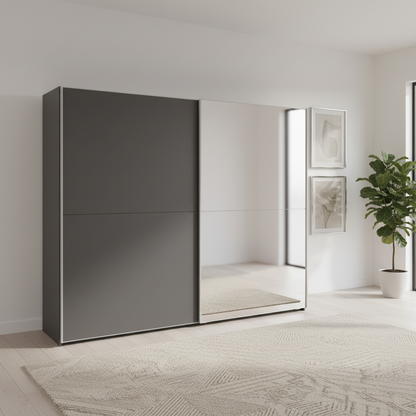 Wiemann Berlin Bristol Graphite Decor Finish Sliding Door Wardrobe with Mirror, Available in 4 Width Sizes 150cm, 200cm, 250cm, and 300cm, Free Delivery and Assembly