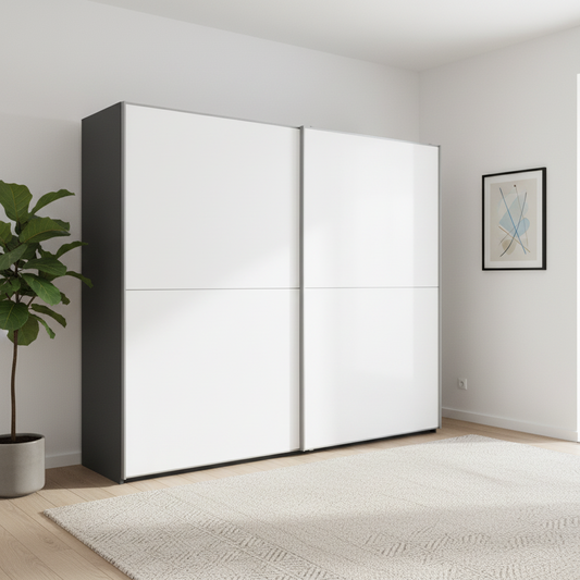 A modern two-door sliding wardrobe in white and dark gray, shown in a minimalist room setting with a potted plant, framed wall art, and a textured rug.