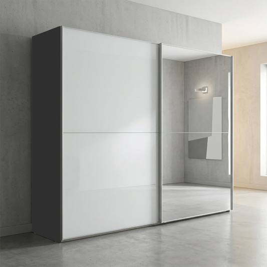 Wiemann Bristol Graphite and White Glass Sliding Door Wardrobe with Mirror