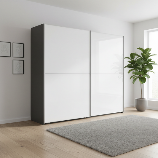 Wiemann Berlin Bristol White Glass Sliding Door Wardrobe With Graphite Frame Available in Width 150, 200, 250 and 300cm 