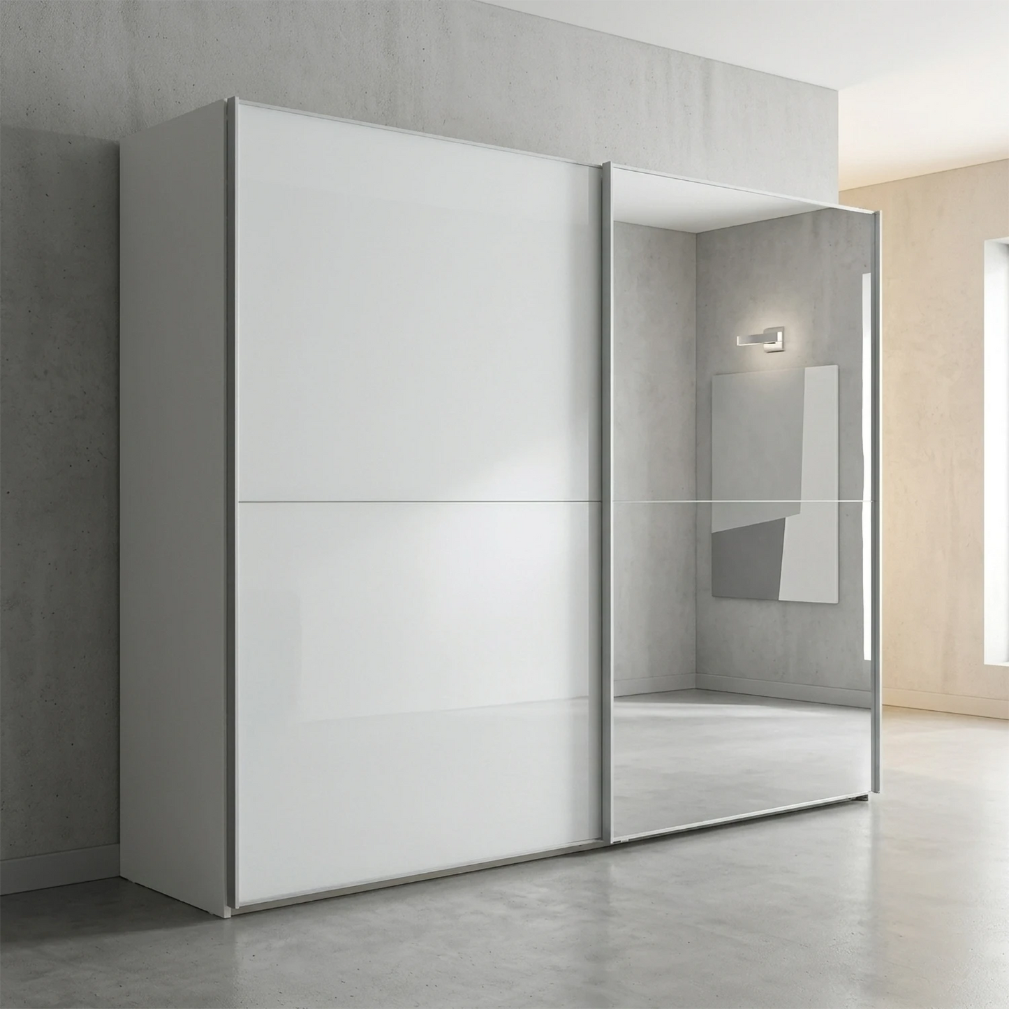 Wiemann Berlin Bristol White Glass And Mirror front Sliding Door Wardrobe With Graphite Frame Available in Width 150, 200, 250 and 300cm 