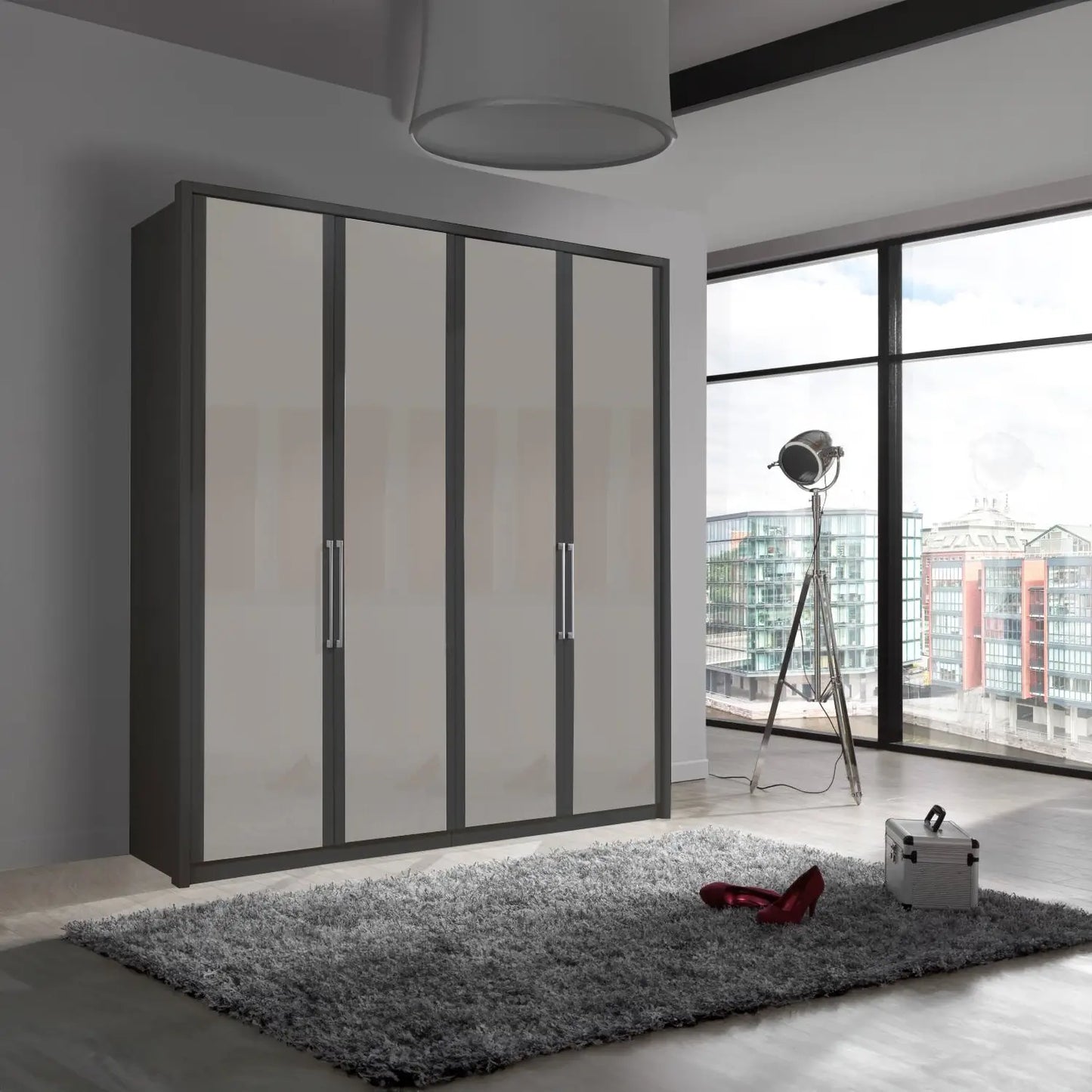 Wiemann Bristol Graphite and Pebble Grey Glass Front 4 Door Wardrobe 