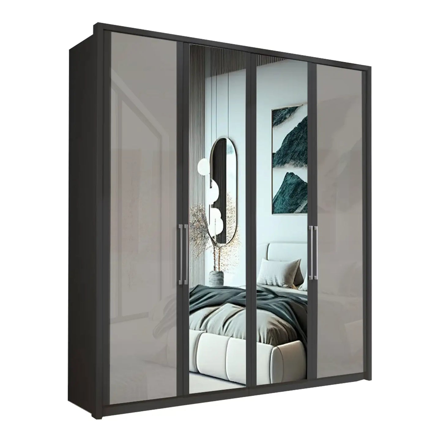 Wiemann Bristol Graphite and Pebble Grey Glass Front 4 Door Wardrobe with Mirror 