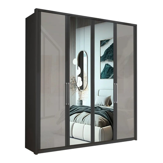 Wiemann Bristol Graphite and Pebble Grey Glass Front 4 Door Wardrobe with Mirror 