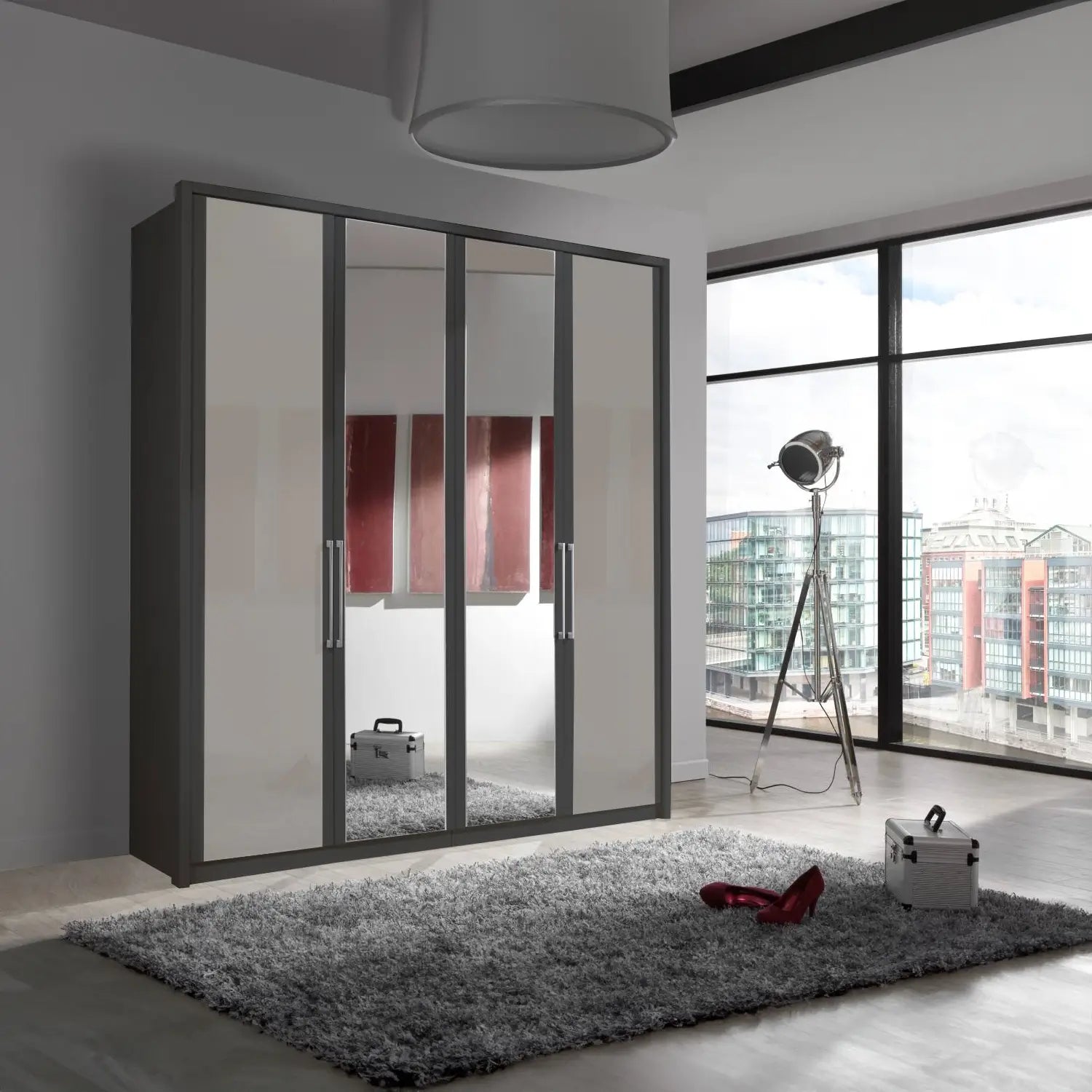 Wiemann Bristol Graphite and Pebble Grey Glass Front 4 Door Wardrobe with Mirror 