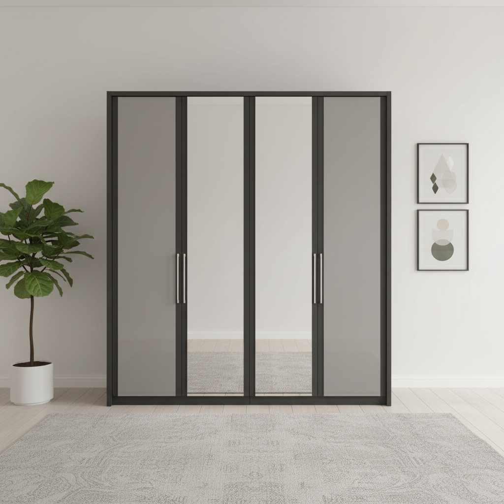 Wiemann Bristol Graphite and Pebble Grey Glass Front 4 Door Wardrobe with Mirror