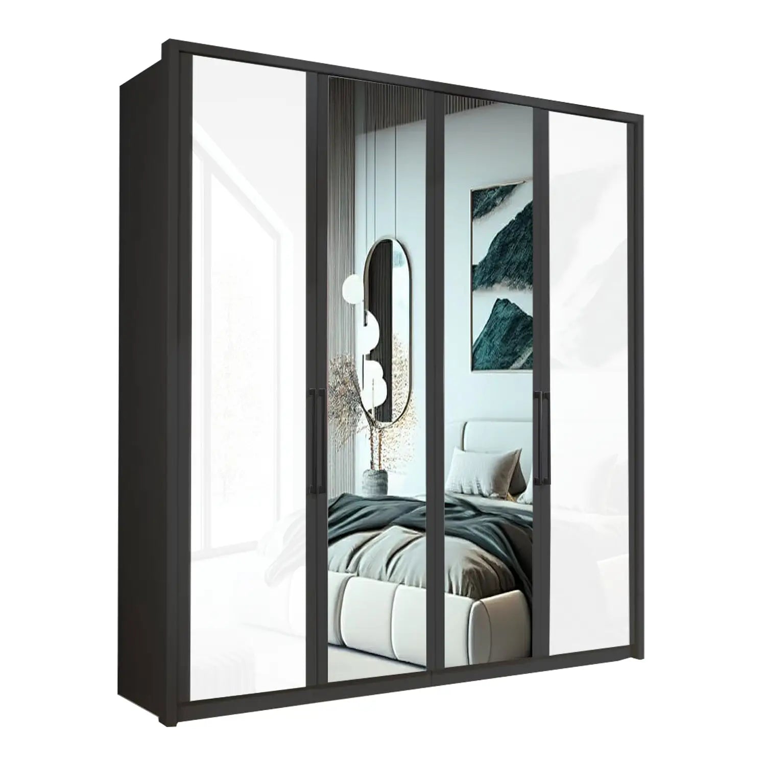 Wiemann Bristol Graphite and White Glass Front 4 Door Wardrobe with Mirror 
