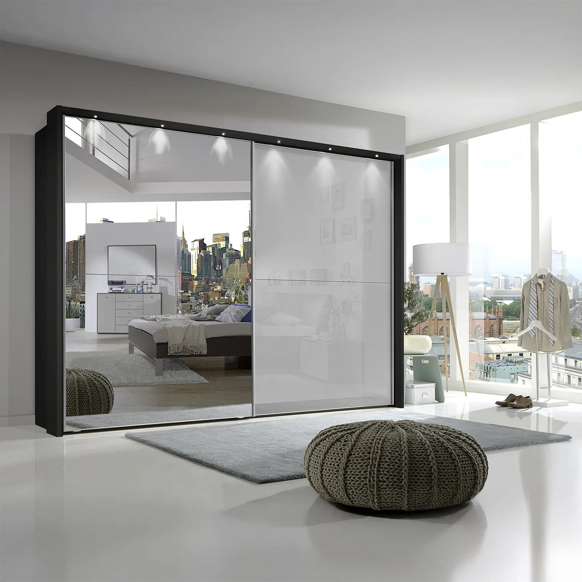 Graphite and White glass sliding Door Wardrobe with mirror
