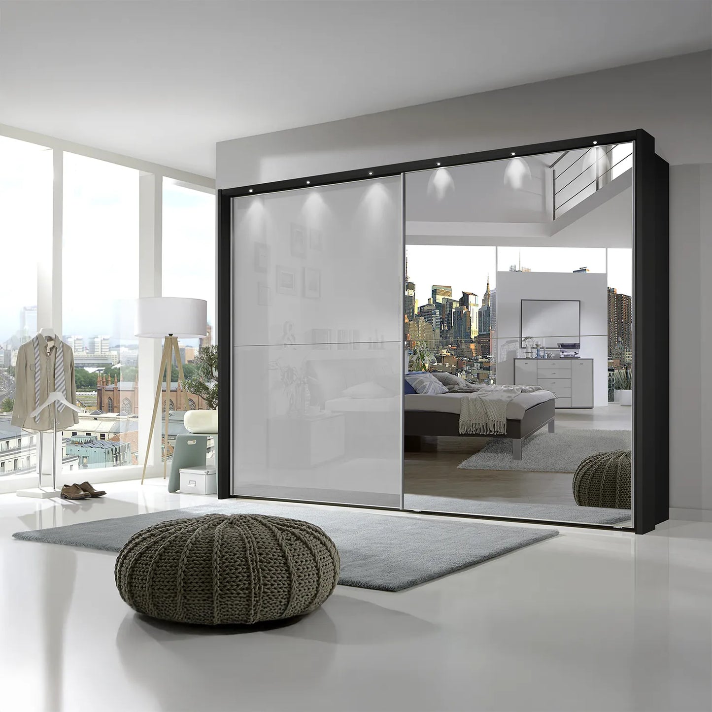 Graphite and White glass sliding Door Wardrobe with mirror
