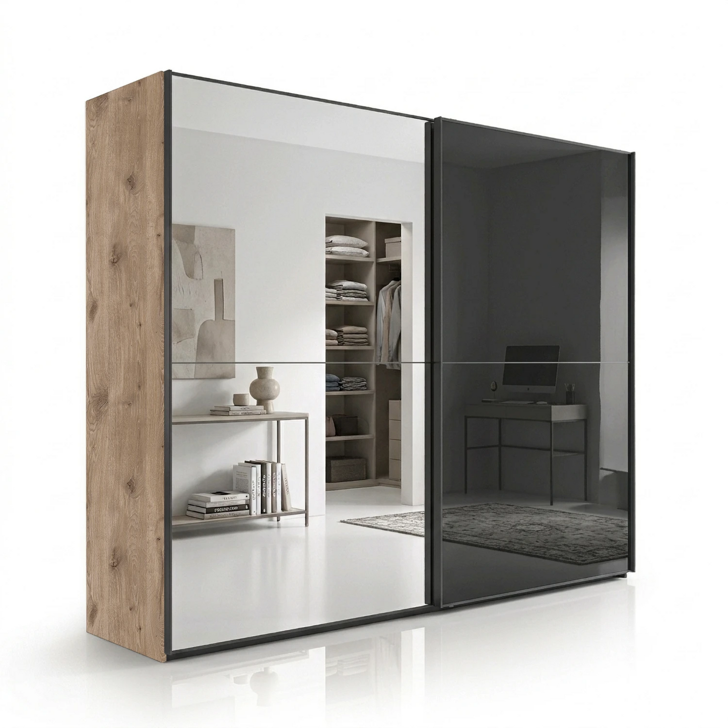 Wiemann Bristol Berlin Oak Carcase and Graphite Glass Sliding Door Wardrobe with Mirror in 150cm, 200cm, 250cm and 300cm widths.