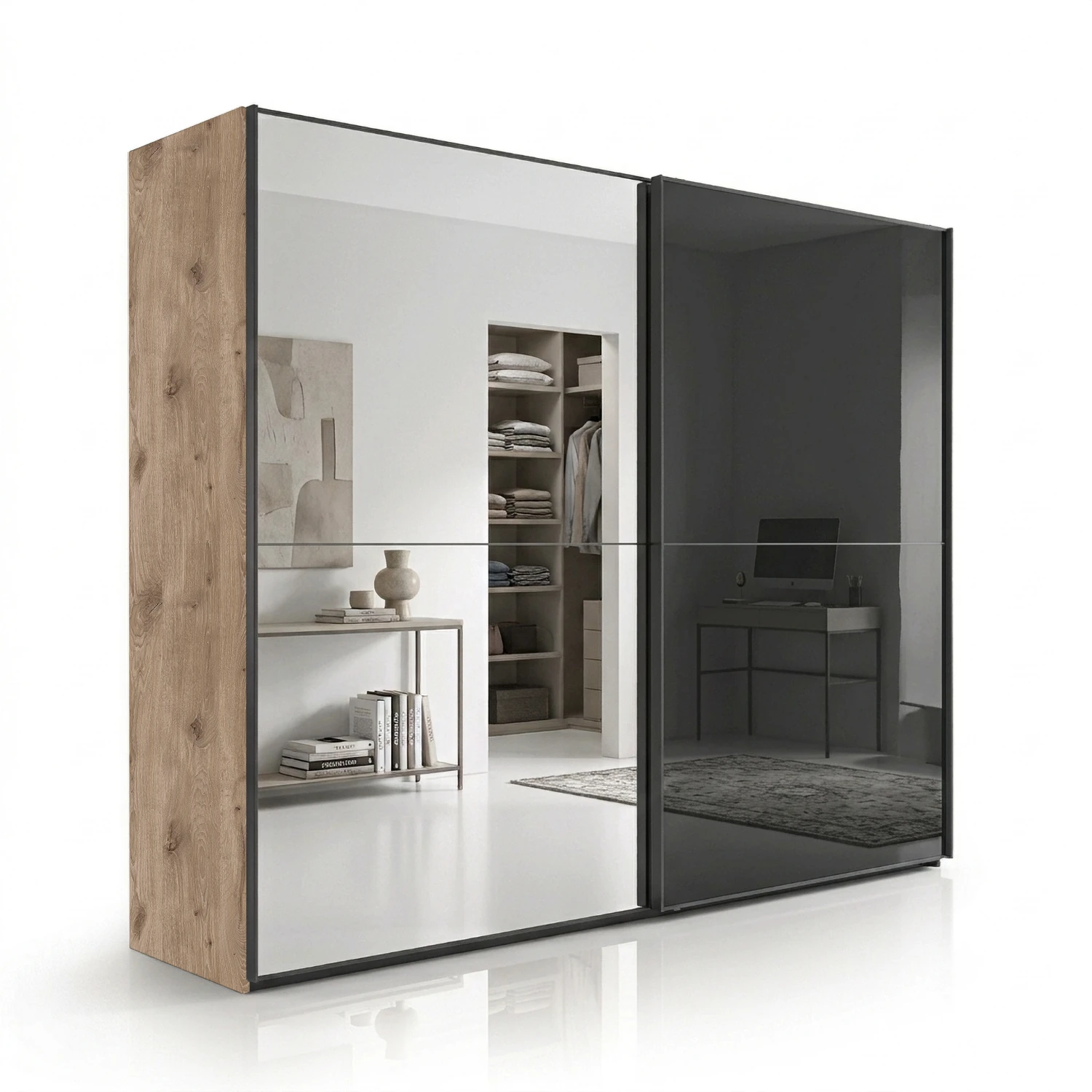Wiemann Bristol Berlin Oak Carcase and Graphite Glass Sliding Door Wardrobe with Mirror in 150cm, 200cm, 250cm and 300cm widths.
