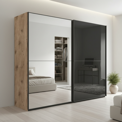 Wiemann Bristol Berlin Nordic Oak Carcase and Graphite Glass Sliding Door Wardrobe with Mirror in 150cm, 200cm, 250cm and 300cm widths.