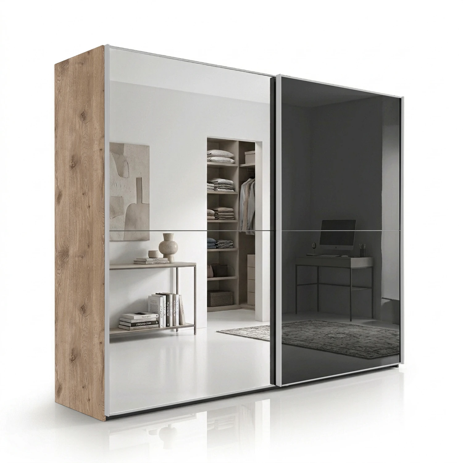 Wiemann Bristol Berlin Nordic Oak Carcase and Graphite Glass Sliding Door Wardrobe with Mirror in 150cm, 200cm, 250cm and 300cm widths.
