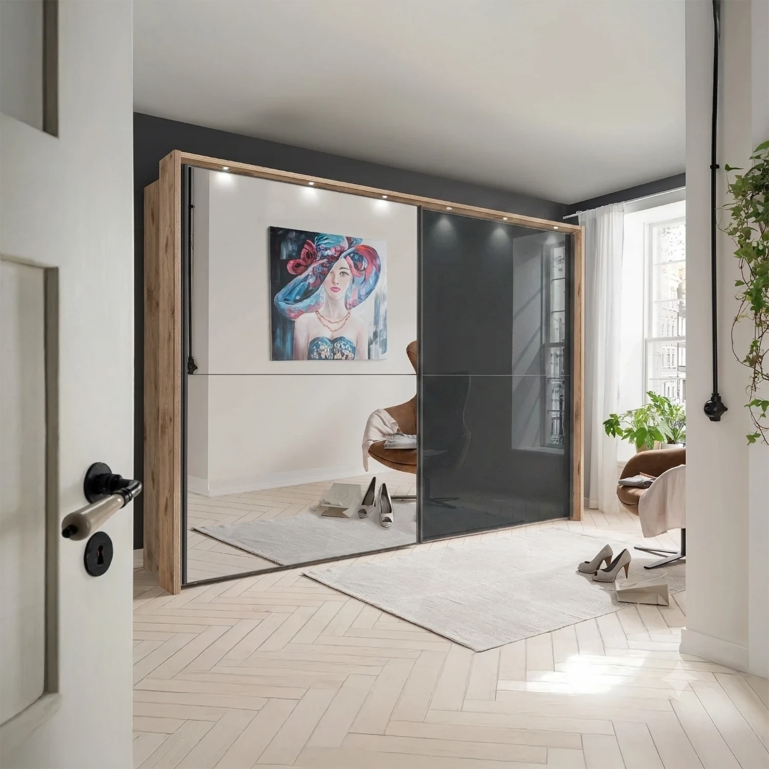 Wiemann Bristol Berlin Rustic Oak Carcase and Graphite Glass Sliding Door Wardrobe with Mirror and Lights Frame in 160cm, 210cm, 260cm and 310cm widths.