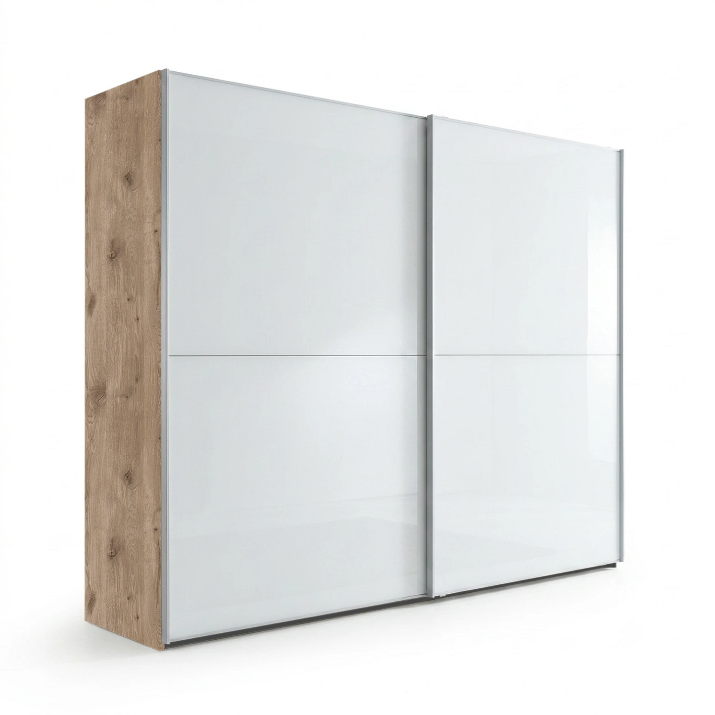 Wiemann Bristol Berlin White Glass Sliding Door Wardrobe, Carcase in Oak finish , Available in Width size 150cm, 200cm, 250cm and 300cm. Free Delivery and Assembly