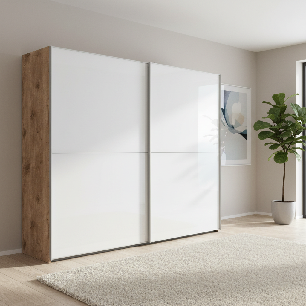 Wiemann Bristol Berlin White Glass Sliding Door Wardrobe With Mirror, Carcase in Nordic Oak finish 