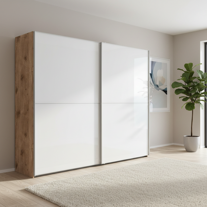 Wiemann Bristol Berlin White Glass Sliding Door Wardrobe With Mirror, Carcase in Nordic Oak finish 