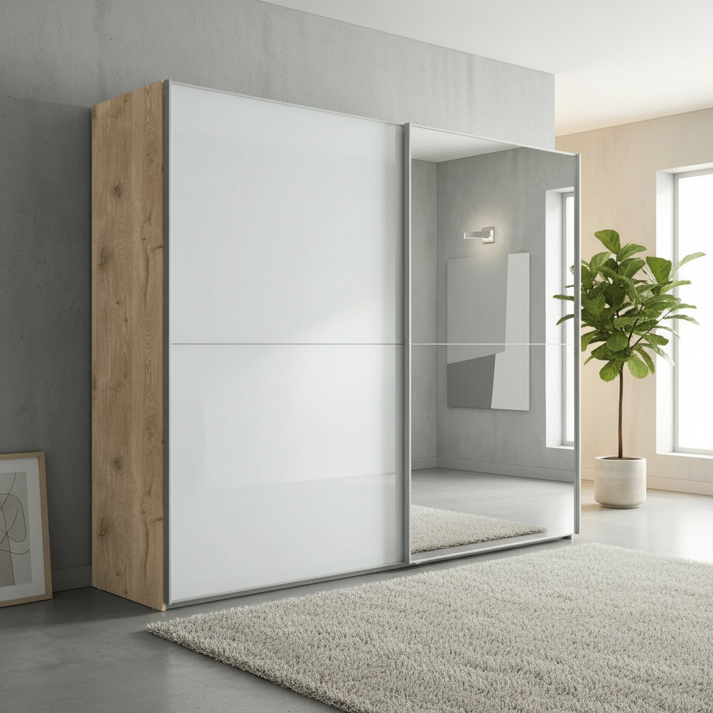 Wiemann Bristol Berlin White Glass Sliding Door Wardrobe With Mirror, Carcase in Oak finish , Available in Width size 150cm, 200cm, 250cm and 300cm. Free Delivery and Assembly