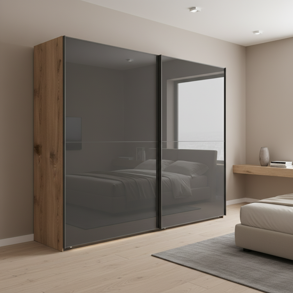 Wiemann Bristol Berlin Nordic Oak Carcase and Graphite Glass Sliding Door Wardrobe in 150cm, 200cm, 250cm and 300cm widths.