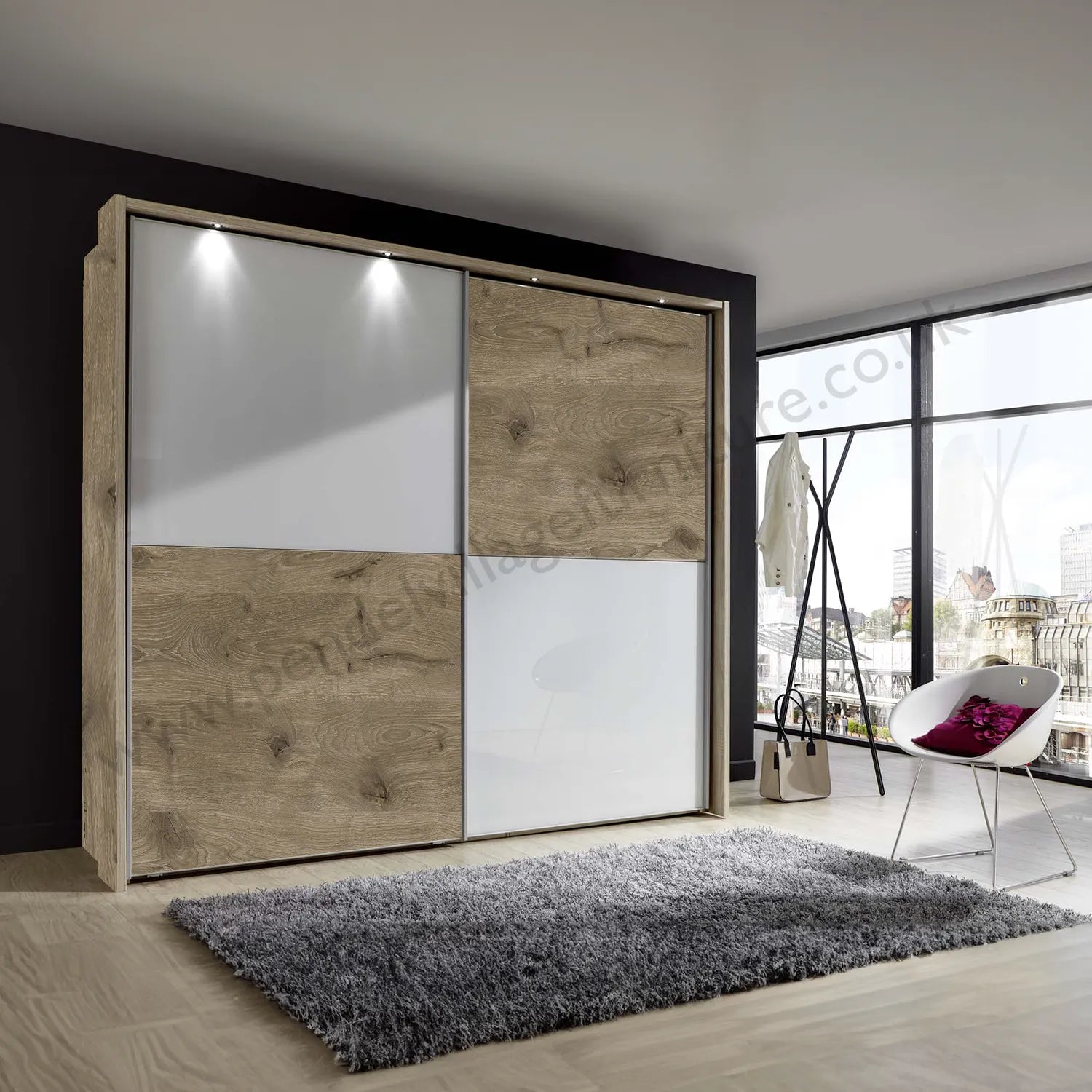 Wiemann Bristol Oak and White Glass Sliding Door Wardrobe 