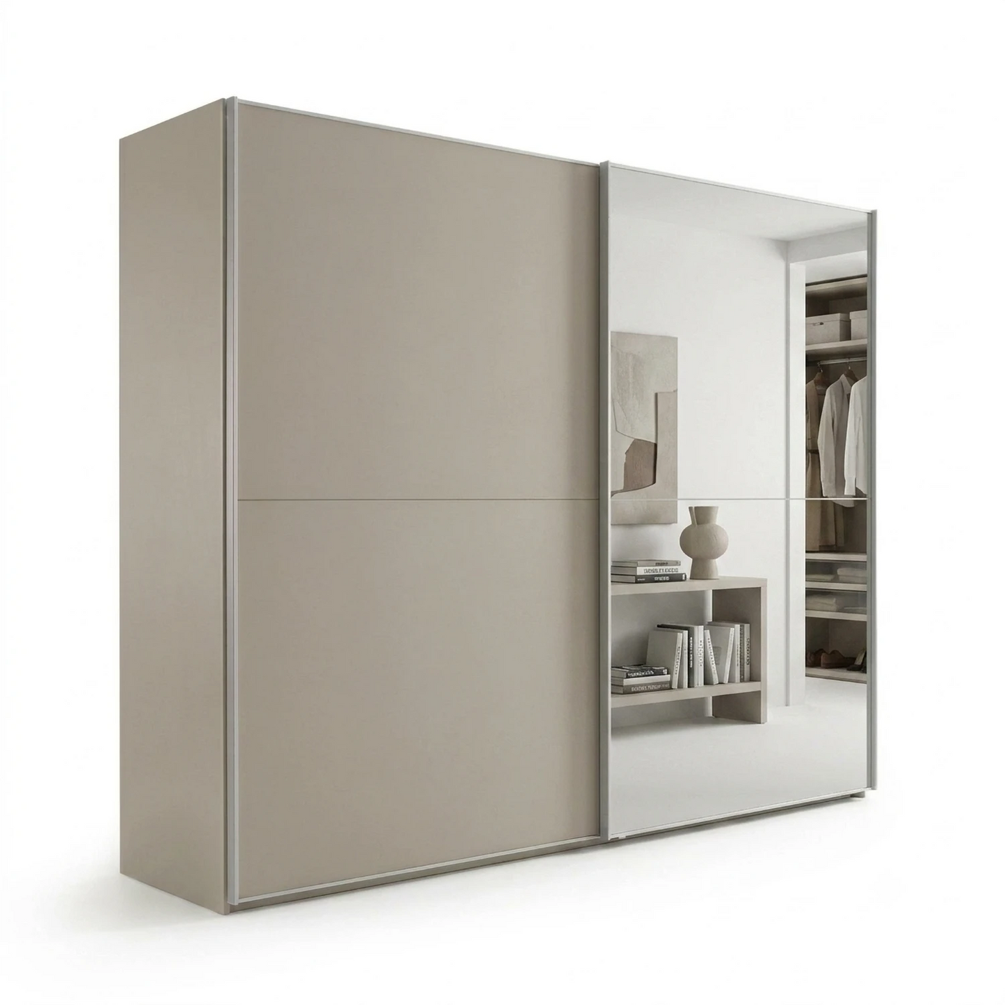 Wiemann Bristol Berlin Pebble Grey Sliding Door Wardrobe with Mirror and Silver Handles in 150cm, 200cm, 250cm and 300cm widths.