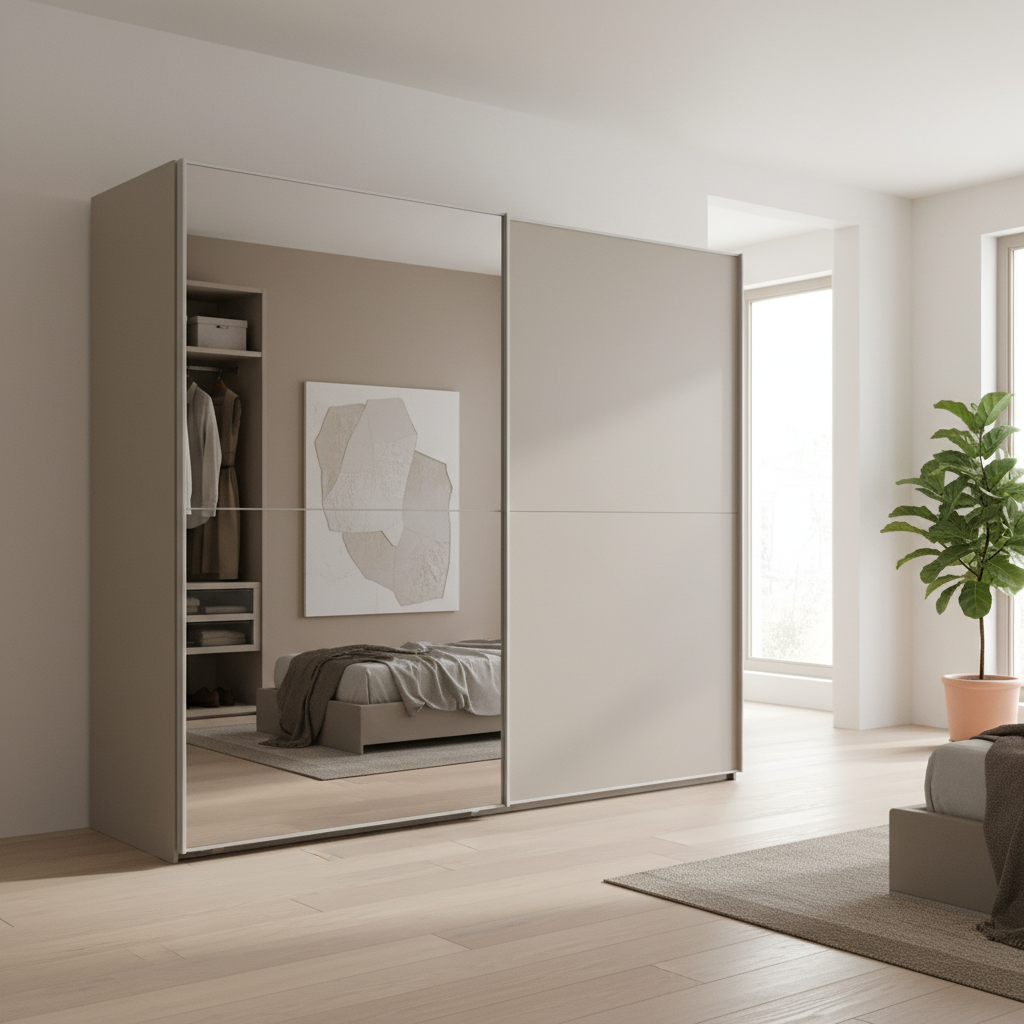 Wiemann Bristol Berlin Pebble Grey Decor Sliding Door Wardrobe with Mirror in 150cm, 200cm, 250cm and 300cm widths.