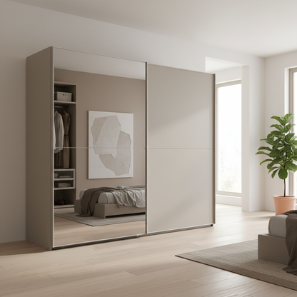 Wiemann Bristol Berlin Pebble Grey Decor Sliding Door Wardrobe with Mirror in 150cm, 200cm, 250cm and 300cm widths.